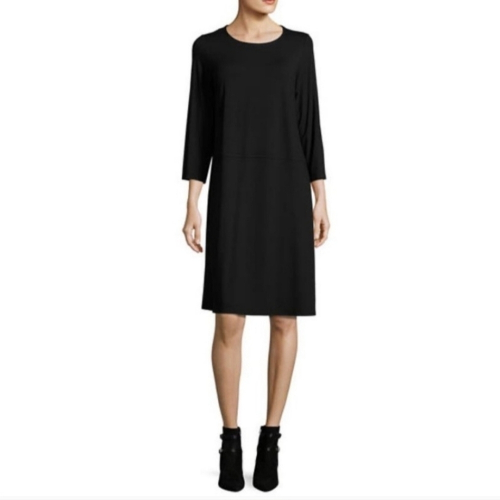 NEW Eileen Fisher The System Scoopneck Jersey Dress Wrap Front Black Size Large